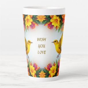 Caneca De Café Latte Pássaros Amarelos Brilhantes em uma Moldura Floral