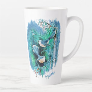 Caneca De Café Latte Pássaros Azuis Invernos Pintura Com Nome Lata
