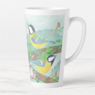 Caneca De Café Latte Pássaros cantando em um galho de árvore floresce