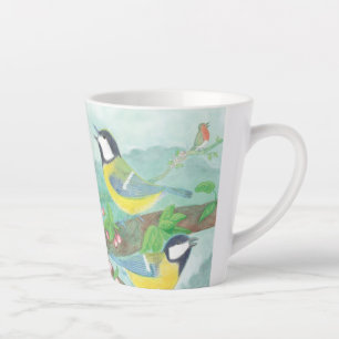 Caneca De Café Latte Pássaros cantando em um galho florescente de árvor