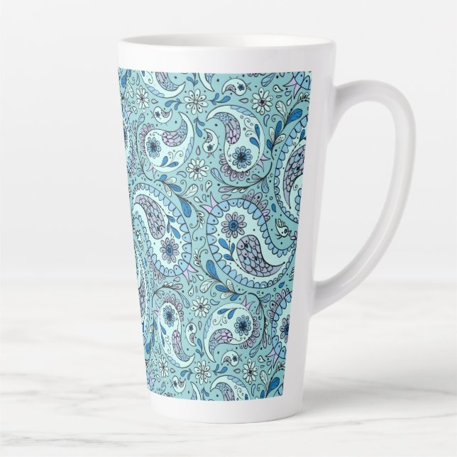 Caneca De Café Latte Pássaros da Paisley em azul-bebê (Direita)