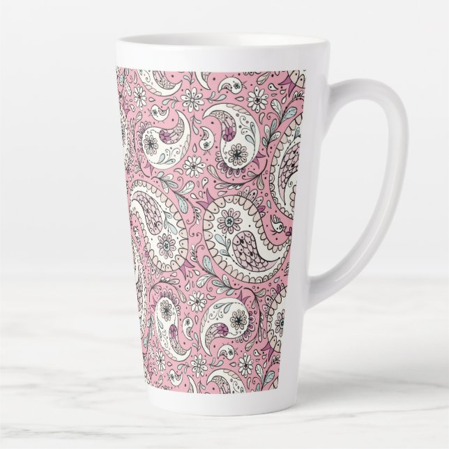 Caneca De Café Latte Pássaros da Paisley em rosa-bebê (Direita)