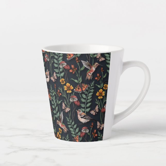 Caneca De Café Latte Pássaros do Jardim Escuro e Borboletas (Direita)