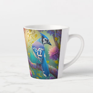 Caneca De Café Latte Pássaros Fantasia Gaio Azul