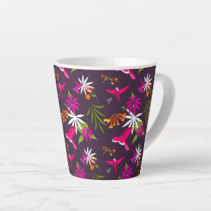 Caneca De Café Latte Pássaros Tropicais Cons Púrpuros