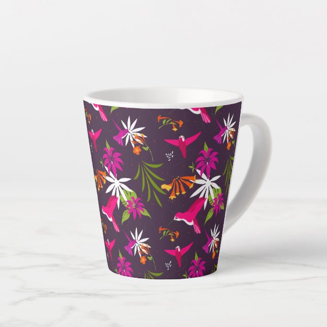 Caneca De Café Latte Pássaros Tropicais Cons Púrpuros (Ângulo direito)