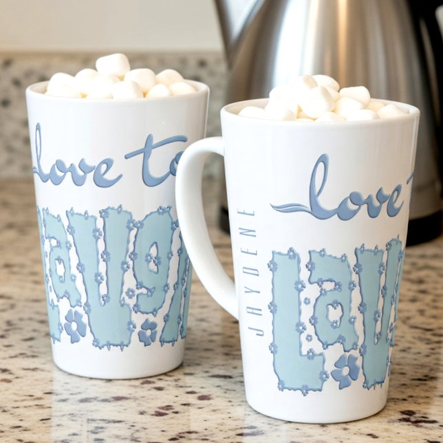 Caneca De Café Latte Pastel Blue Floral Chunky Text Slogan With Name (Customize it with any name printed vertically down the side for a unique, one-of-a-kind feel.)