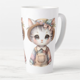 Caneca De Café Latte Pastel Cottagecore Gato em Sobremesas e Chapéu de 