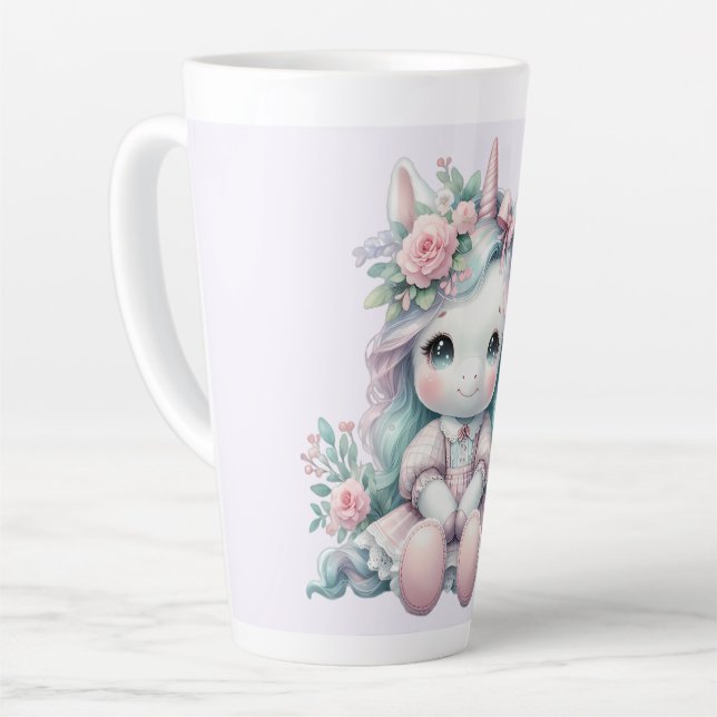 Caneca De Café Latte Pastel Kawaii Unicorn Doll with Flower Basket (Ângulo esquerdo)