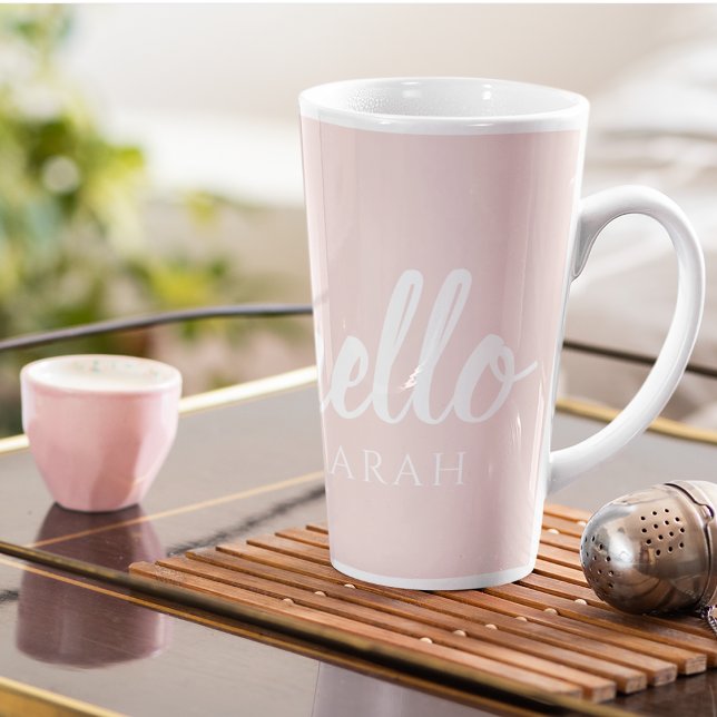 Caneca De Café Latte Pastel Mínimo Moderno, Rosa Alô E Seu Nome (Criador carregado)