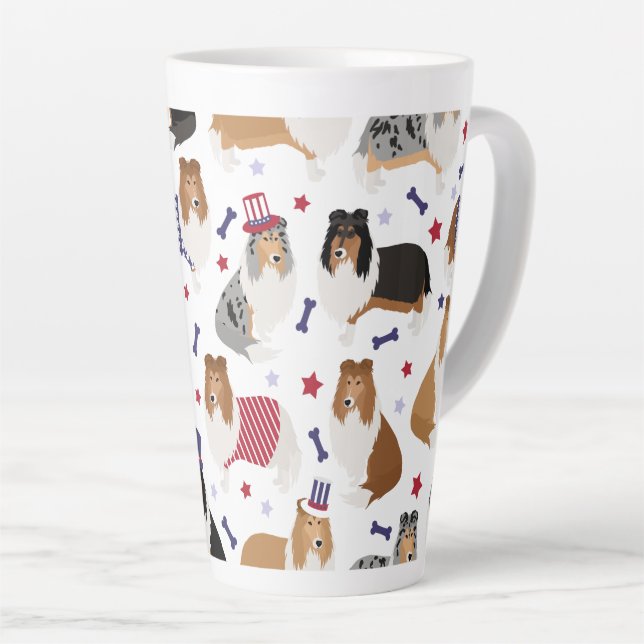 Caneca De Café Latte Patterno Collie Rough Patriótico (Ângulo direito)