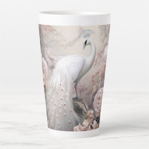 Caneca De Café Latte Pavão branco romântico e flores cor-de-rosa esmaga