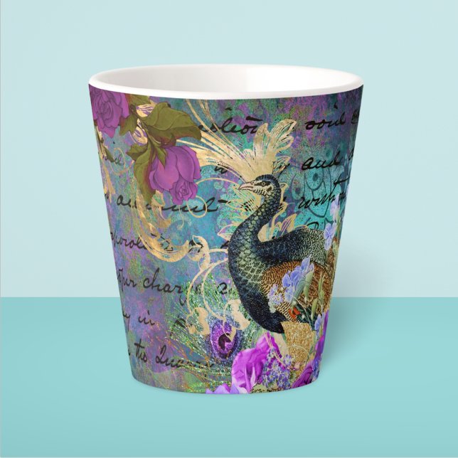 Caneca De Café Latte Pavão e Flores (Criador carregado)