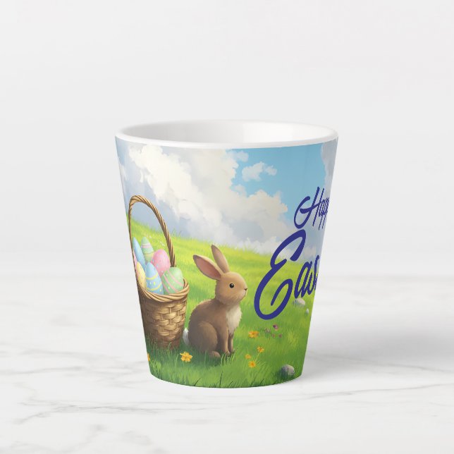 Caneca De Café Latte Peaceful Easter Spring Meadow Bunny & Egg Basket (Frente)