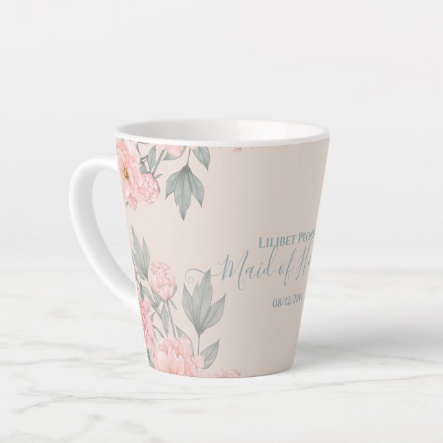 Caneca De Café Latte Peach Peonies Sage Orçamento Floral Casamento (Ângulo esquerdo)