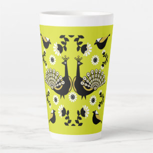 Caneca De Café Latte Peacock Peafowl Bird Folk Art