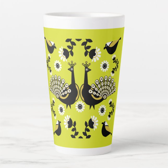 Caneca De Café Latte Peacock Peafowl Bird Folk Art (Frente)