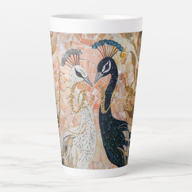Caneca De Café Latte Peacocks Dourado Glitter Love Blush Rosa (Frente)