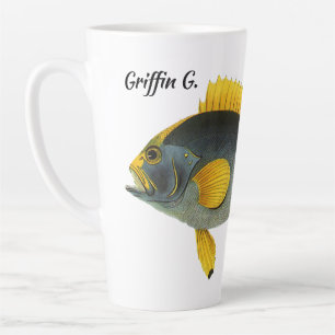Caneca De Café Latte Peixe Garoupa Azul e Amarelo, Vida Marinha Vintage