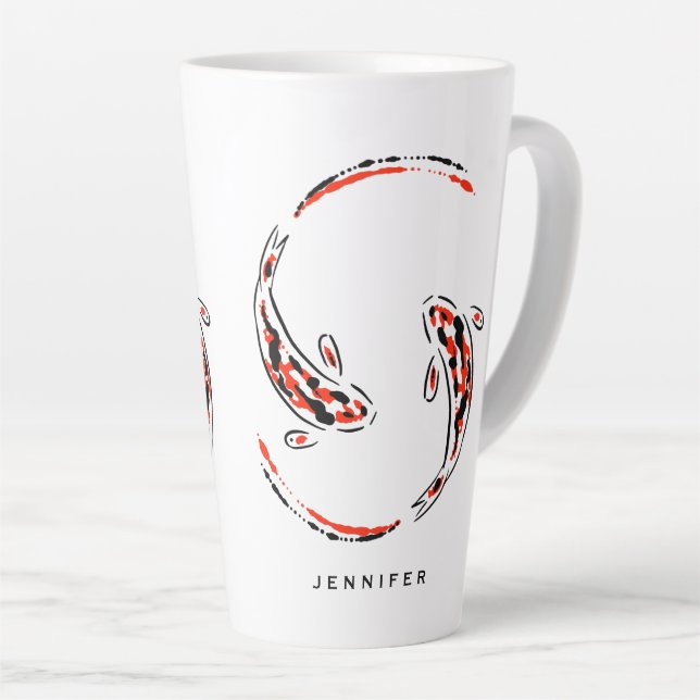 Caneca De Café Latte Peixe-Koi, preto e vermelho, artístico latino (Ângulo direito)
