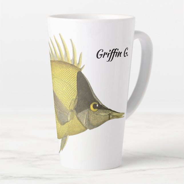 Caneca De Café Latte Peixe Tropical Amarelo Chelmon Longirostris, Vinta (Ângulo direito)