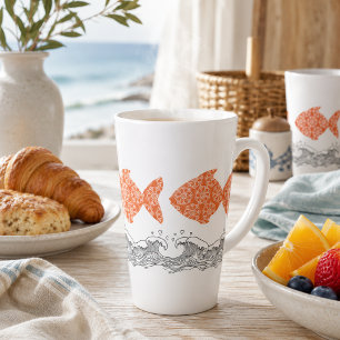 Caneca De Café Latte Peixes e Ondas