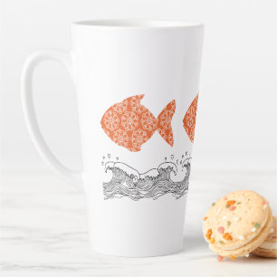 Caneca De Café Latte Peixes e Ondas