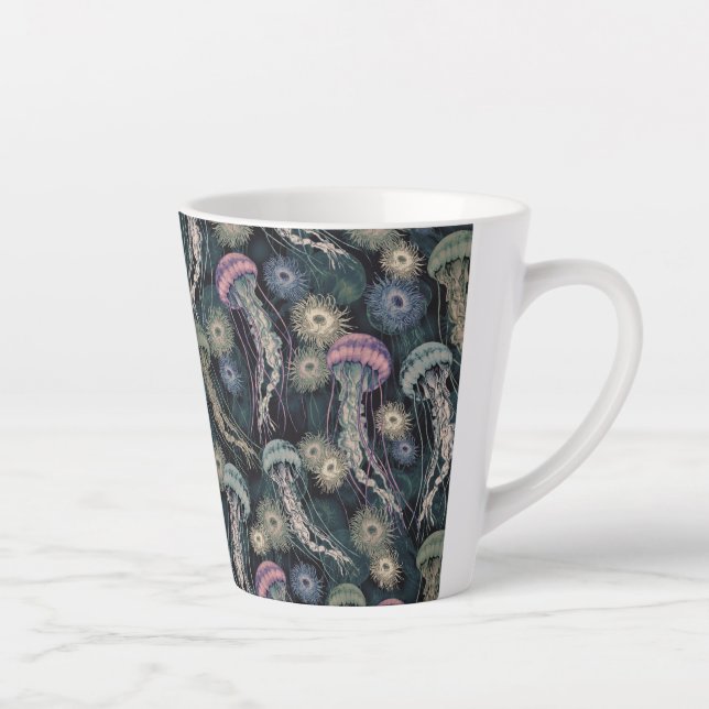 Caneca De Café Latte Peixes-judeus etéreos e anêmonas em Teal e Rosa (Direita)