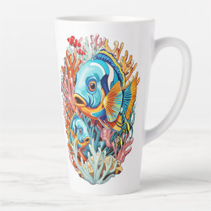 Caneca De Café Latte Peixes Tropicais Vibrações Coloridas de Verão