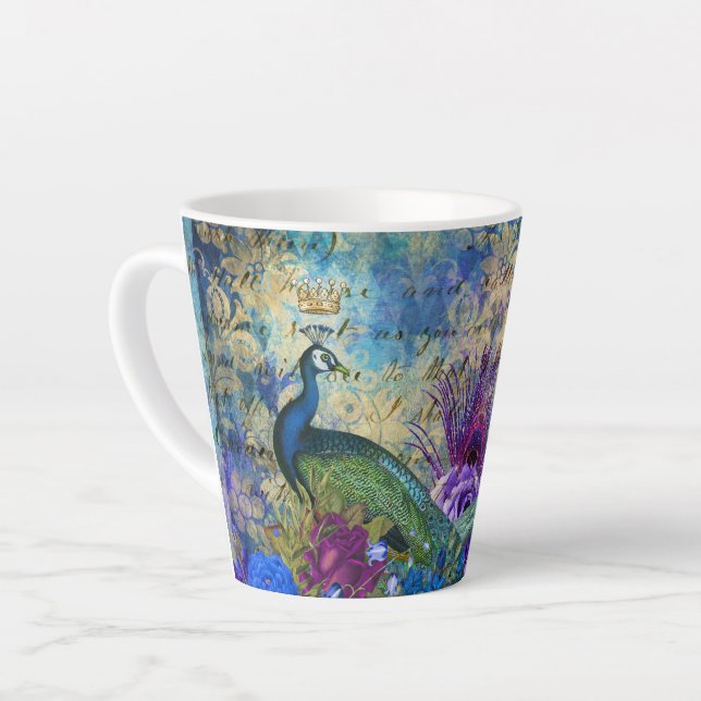 Caneca De Café Latte Penas de Aves Azuis de Peacock Trendy Flores (Ângulo esquerdo)