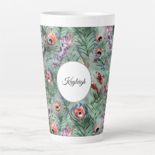 Caneca De Café Latte Penas de Pavão Vermelhas e Verdes  