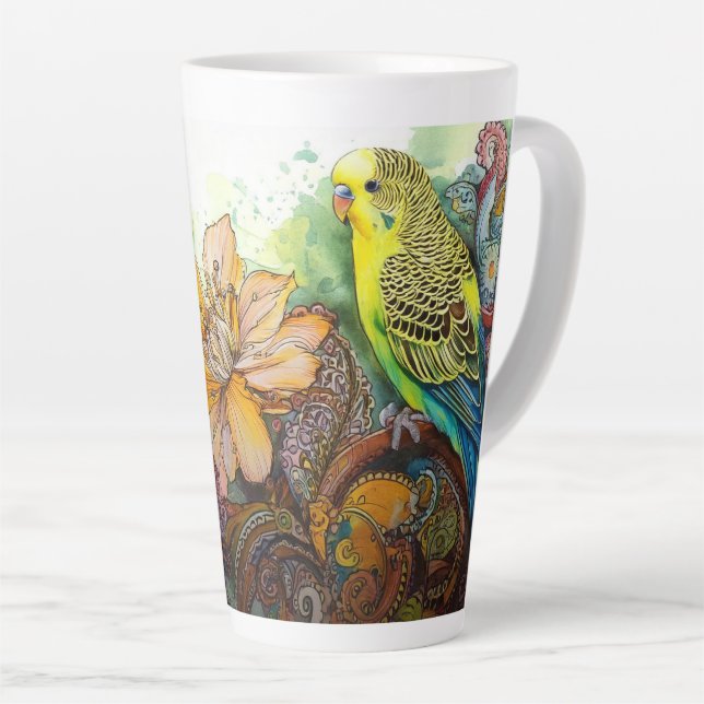 Caneca De Café Latte Periquito Amarelo com salsa e flores (Ângulo direito)