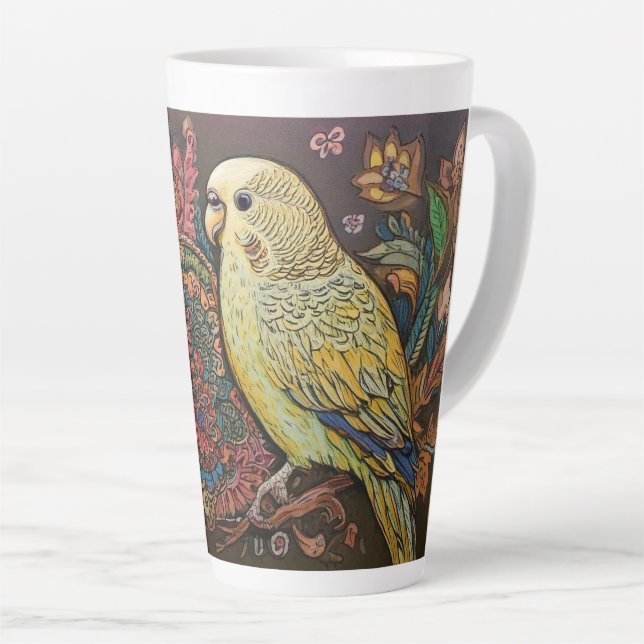Caneca De Café Latte Periquito Amarelo Folha com Paisley e Flores (Ângulo direito)