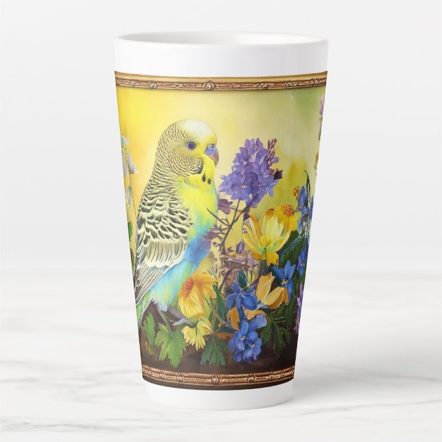 Caneca De Café Latte periquito bonito e flores silvestres (Frente)