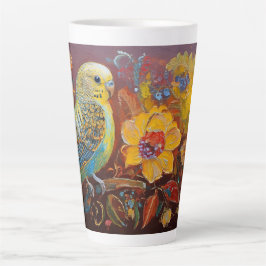 Caneca De Café Latte Periquito de Arte Folclórica com Flores Amarelas e