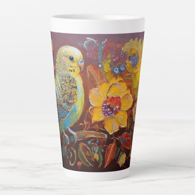 Caneca De Café Latte Periquito de Arte Folclórica com Flores Amarelas e (Frente)