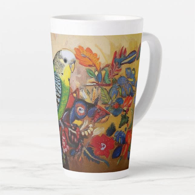 Caneca De Café Latte Periquito de Arte Popular com Paisley e Flores (Ângulo direito)