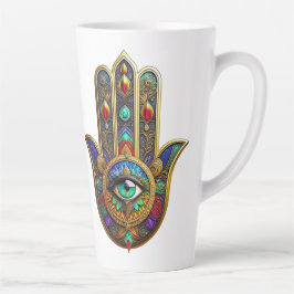 Caneca De Café Latte Pérola Colorida Pétalas de Flor Hamsa Verde Tercei