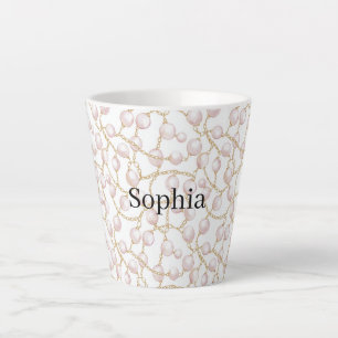 Caneca De Café Latte Pérolas Glam Rosa Dourado  