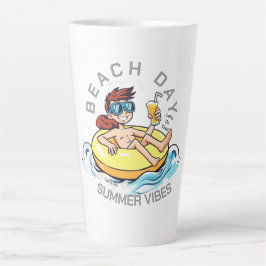 Caneca De Café Latte Personagem de desenho animado no Dia da Praia no A