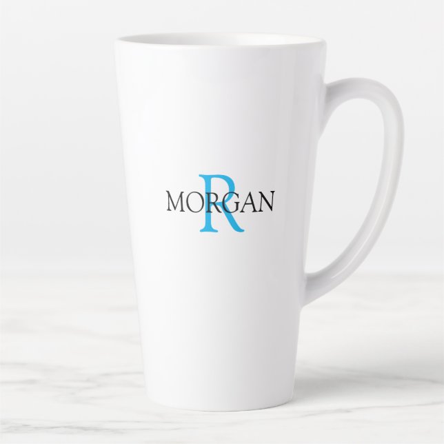 Caneca De Café Latte Personalizar Monograma e Nome, Azul Céu e Preto (Direita)