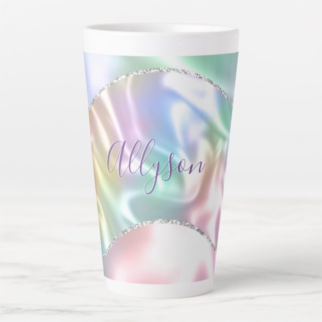 Caneca De Café Latte Personalizar o nome Script Roxo, Onda Iridescente (Frente)