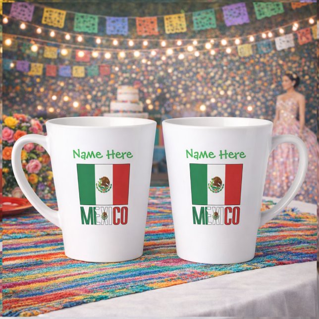 Caneca De Café Latte Personalized Mexico Flag Name Design (Personalized small latte mug has design on 2 sides. Mexican Flag, MEXICO below. Name added above.)