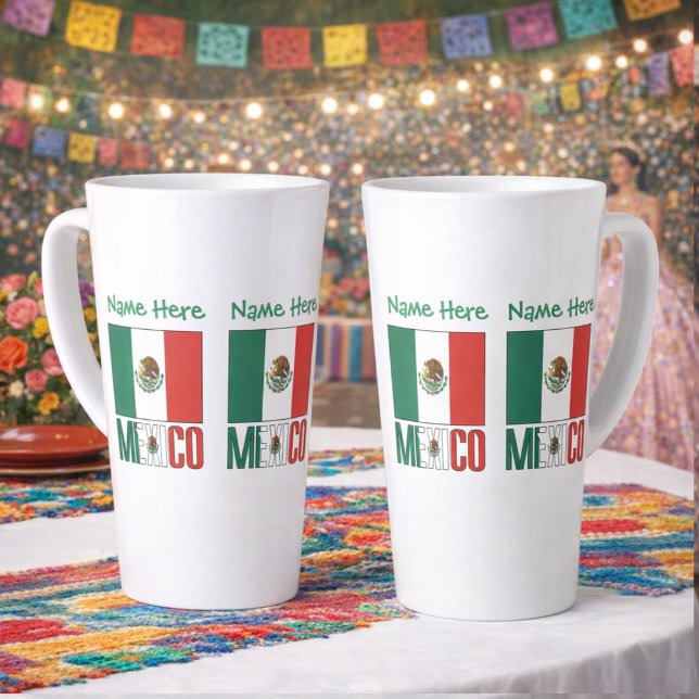 Caneca De Café Latte Personalized Mexico Flag Name Design Large (Personalized large latte mug with Mexican Flag, MEXICO below in flag colors. Add name above in green)