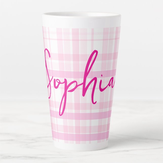 Caneca De Café Latte Personalized Pink Plaid Latte Mug with Name  (Frente)