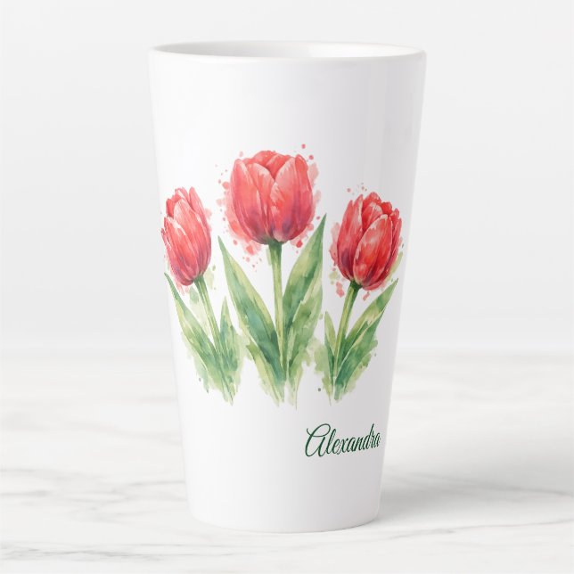 Caneca De Café Latte Personalized Watercolor Red Tulips  (Frente)