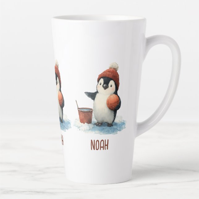 Caneca De Café Latte Personalized Winter Penguin Basketball Kid (Direita)