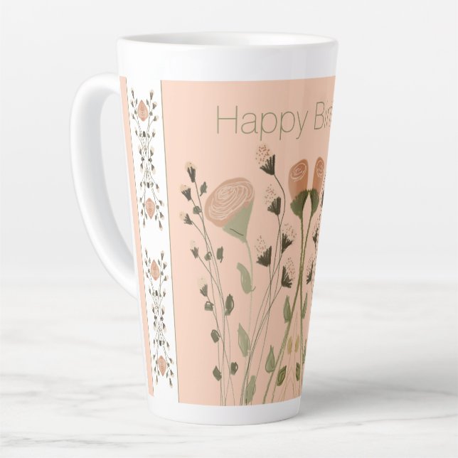 Caneca De Café Latte Pêssego com Floral (Ângulo esquerdo)
