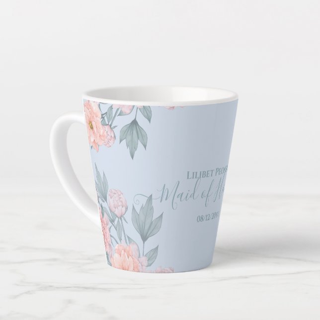 Caneca De Café Latte Pêssego Floral Dusty Blue Sage Casamento Folha (Ângulo esquerdo)