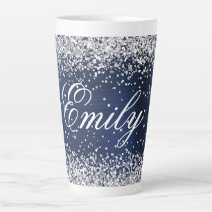 Caneca De Café Latte Pessoal Prata Brilho Azul Naval Folha